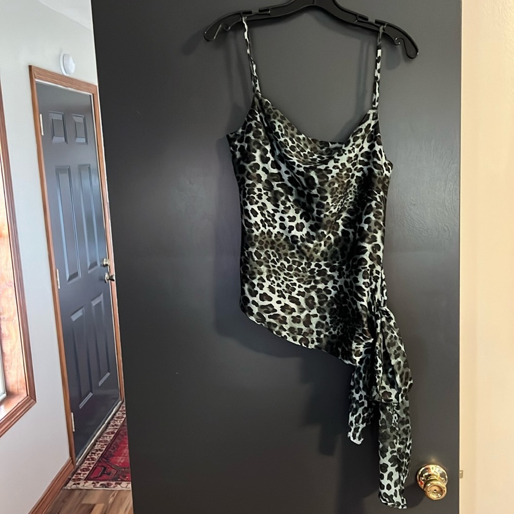 SEN blue and black cheetah tank top with bow at waist, size S